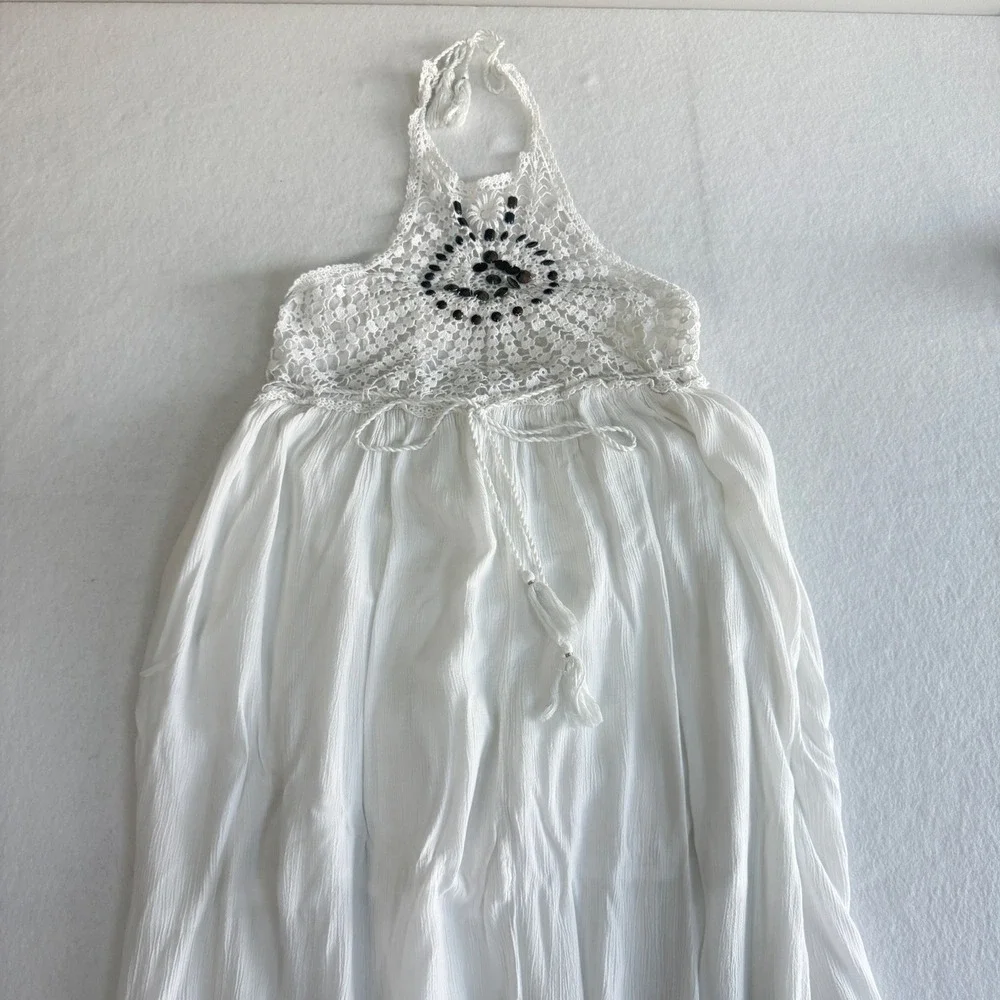 Venus Crochet Beaded Halter Maxi Dress Women XL White‎ Boho Gauze Smocked Back